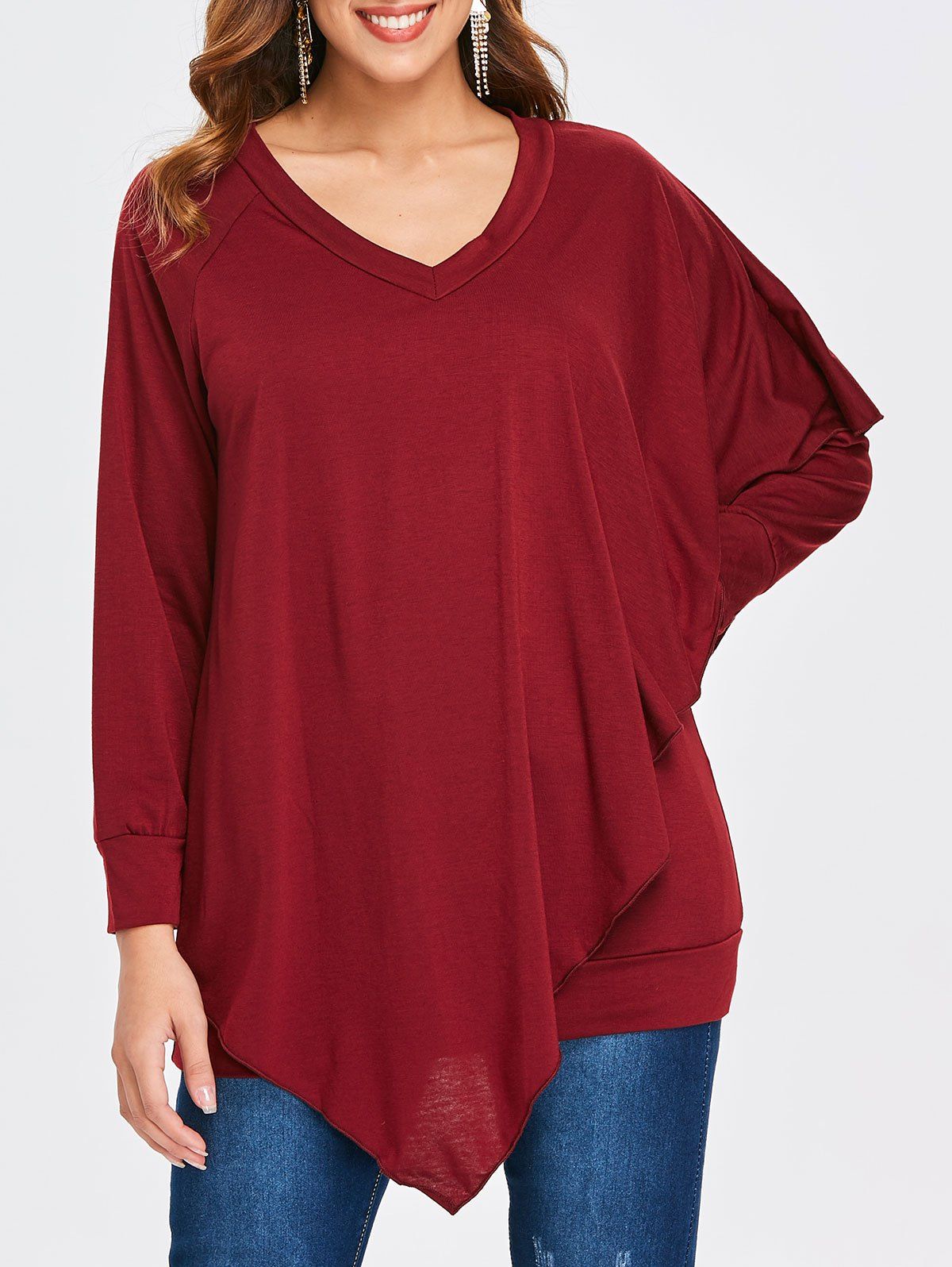 

Asymmetrical V Neck T-shirt, Red wine