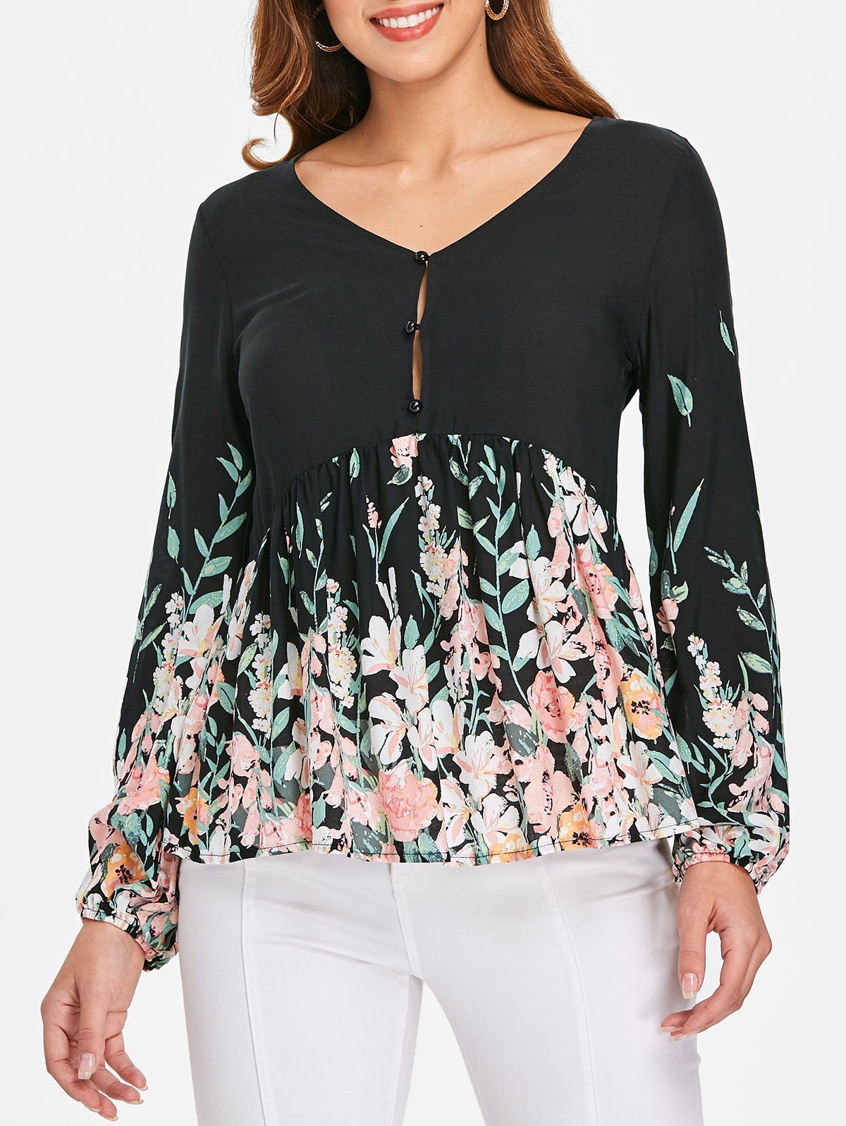 V Neck Print Flare Blouse, Black