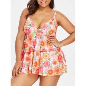 

Spaghetti Strap Plus Size Floral Print Tankini, Orange
