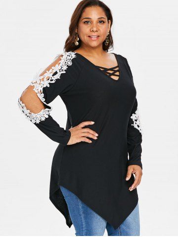 

Rosegal Plus Size Lace Applique Criss Cross Top, Black