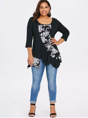 

Plus Size Floral Pattern Scoop Neck T-shirt, Black