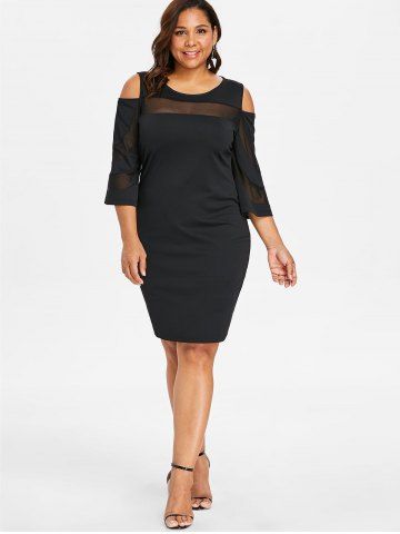 

Cold Shoulder Plus Size Mesh Panel Knee Length Dress, Black