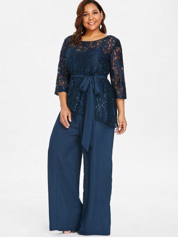 

Plus Size Palazzo Jumpsuit with Lace Blouse, Deep blue