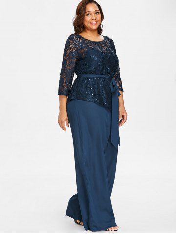 

Plus Size Palazzo Jumpsuit with Lace Blouse, Deep blue