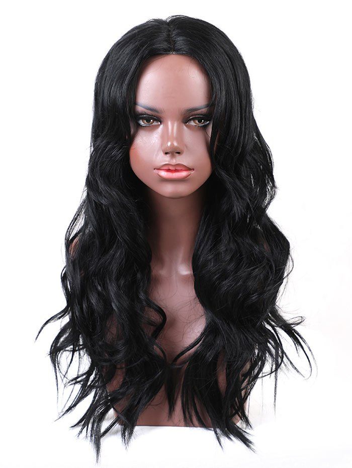 

Long Center Parting Wavy Party Human Hair Wig, Black