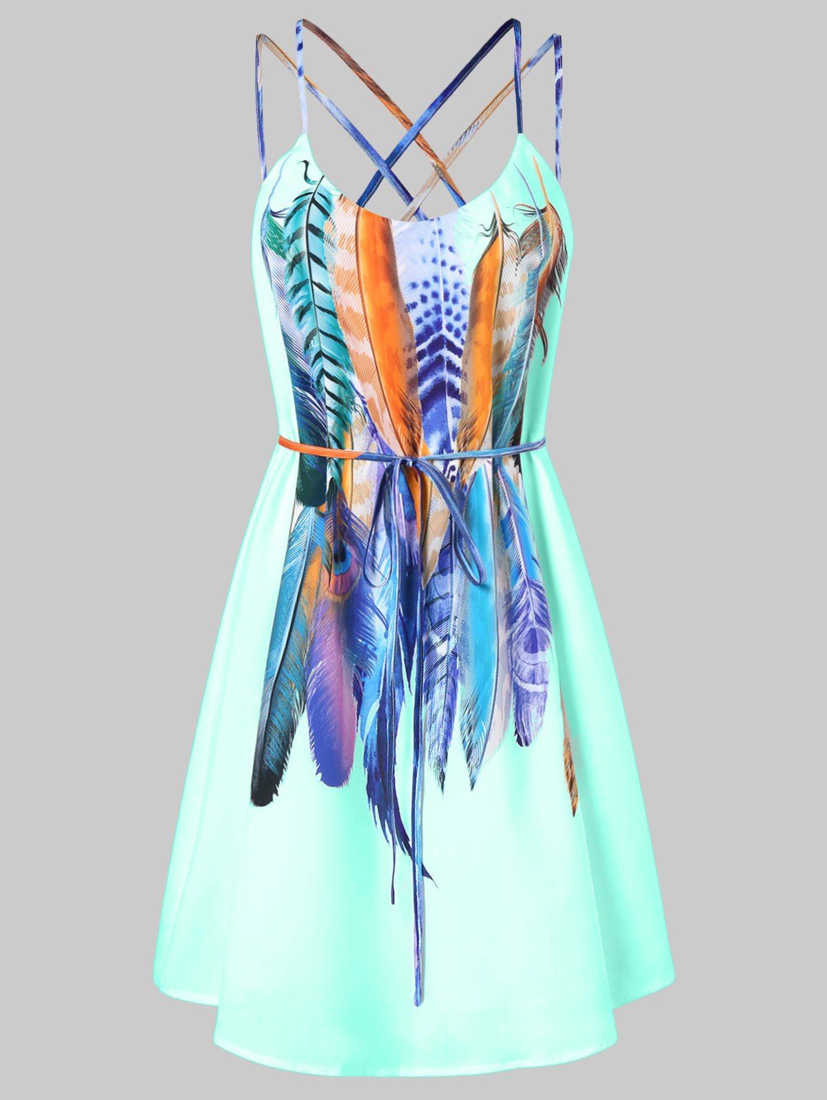 

Feathers Print Slip Dress, Light cyan