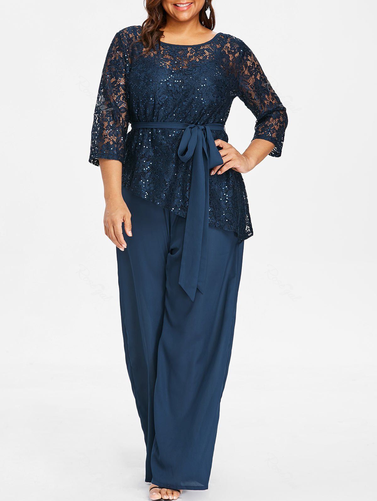 33 Off Plus Size Palazzo Jumpsuit With Lace Blouse Rosegal