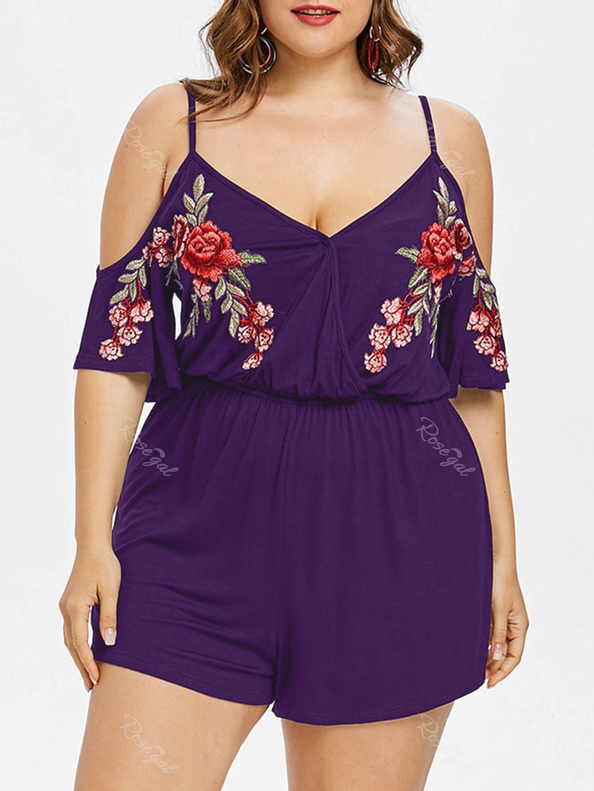 

Plus Size Flare Sleeve Embroidery Romper, Purple iris