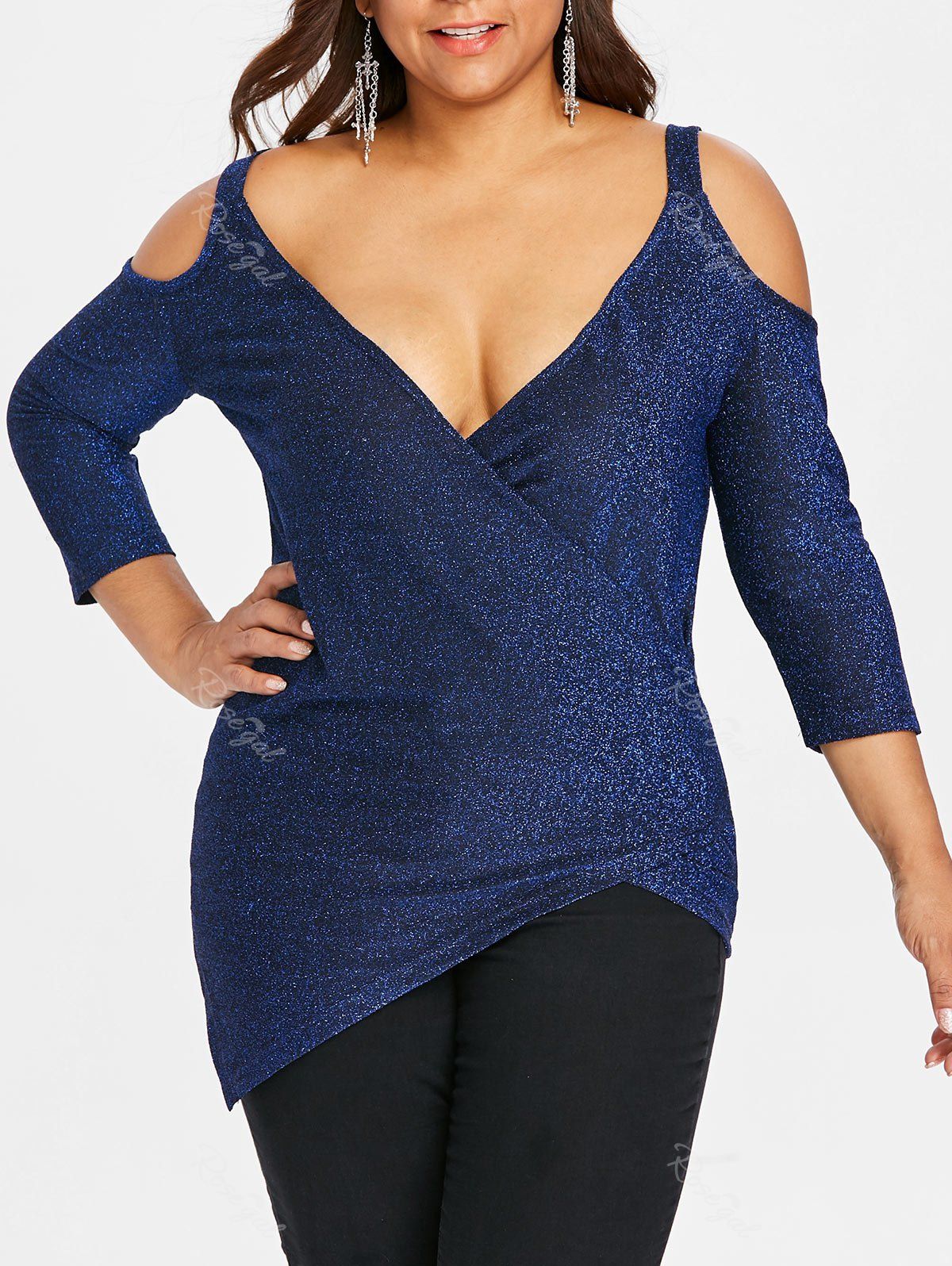 

Asymmetrical Plus Size Glitter T-shirt, Deep blue