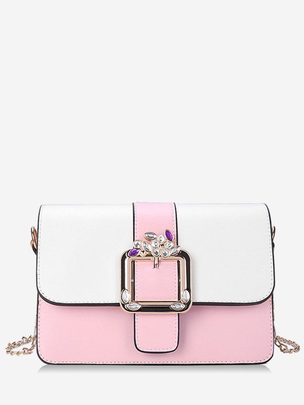 

Contrasting Color Rhinestone Buckled Flap Sling Bag, Pink
