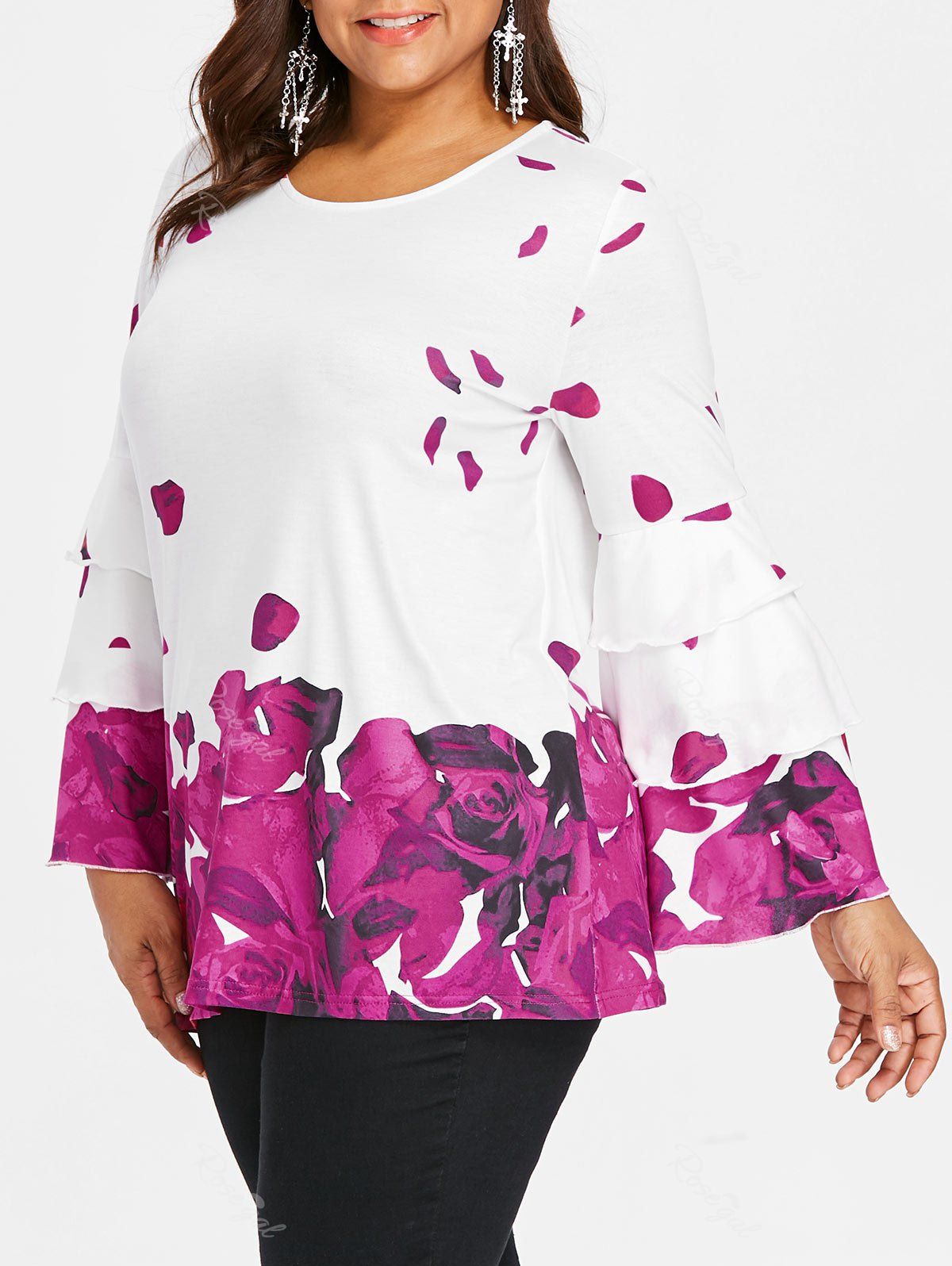 

Plus Size Layered Sleeve Rose Petal Blouse, Dark carnation pink