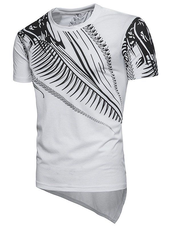 

Short Sleeve Asymmetric Hem Leaf Print T-shirt, White