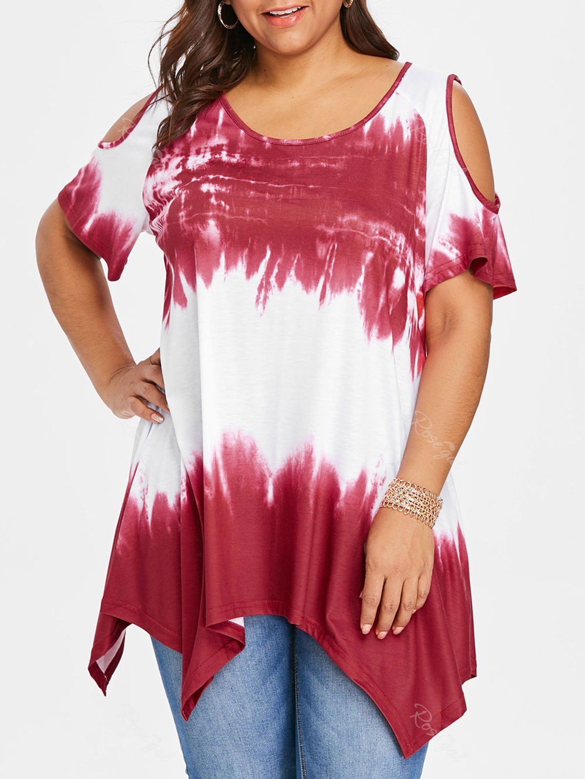 

Plus Size Ombre Print Cold Shoulder T-shirt, Wine red