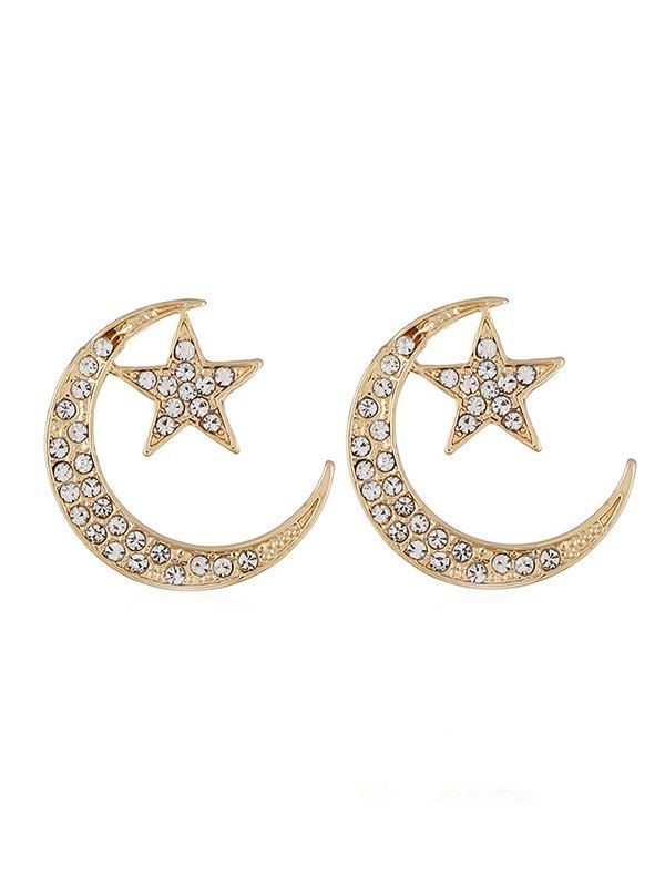 

Inlaid Rhinestone Moon Star Earrings, Gold
