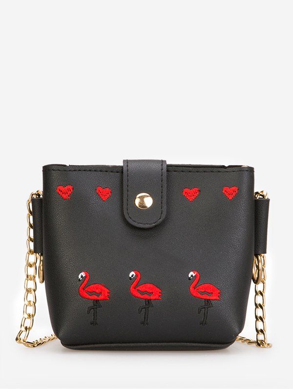 

Flamingo Heart Embroidery PU Leather Sling Bag, Black