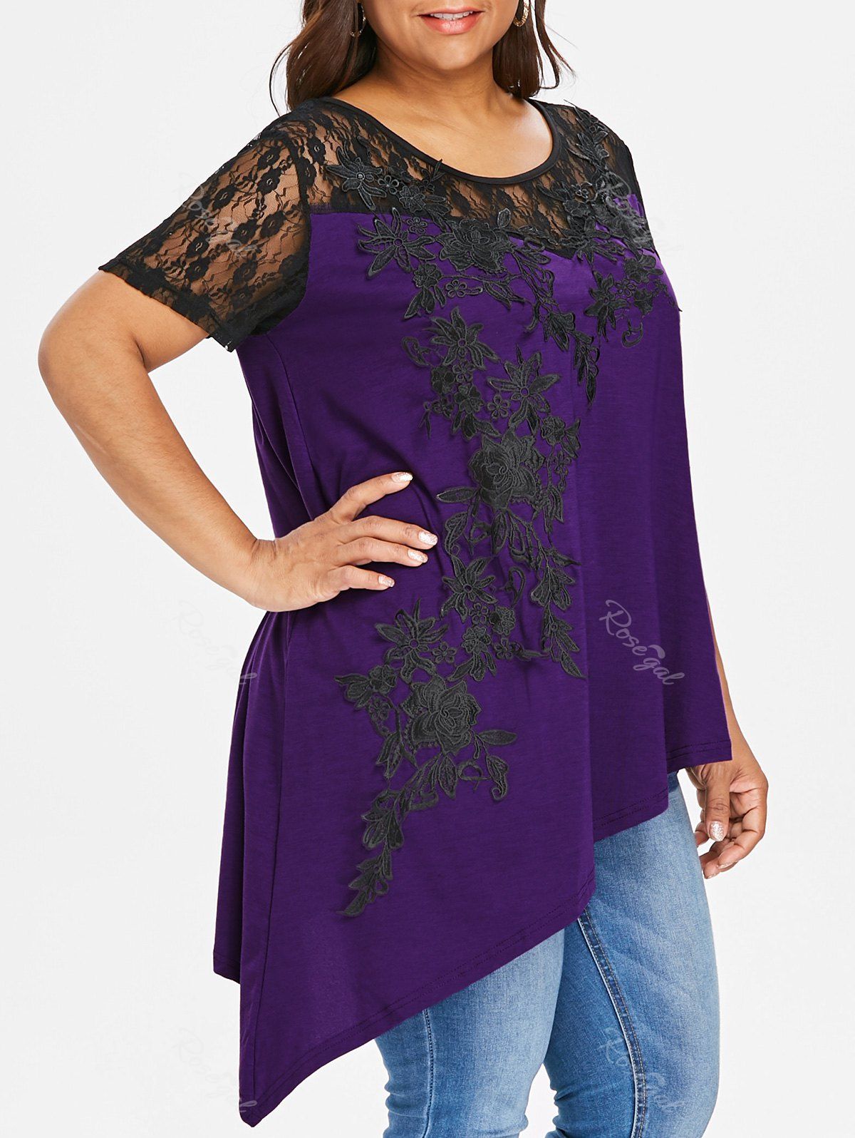 

Lace Applique Plus Size Asymmetric Top, Purple jam