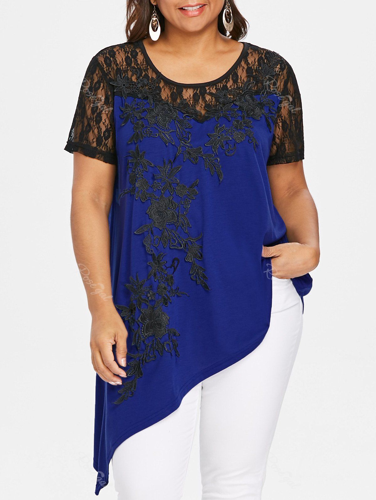 

Lace Applique Plus Size Asymmetric Top, Royal blue