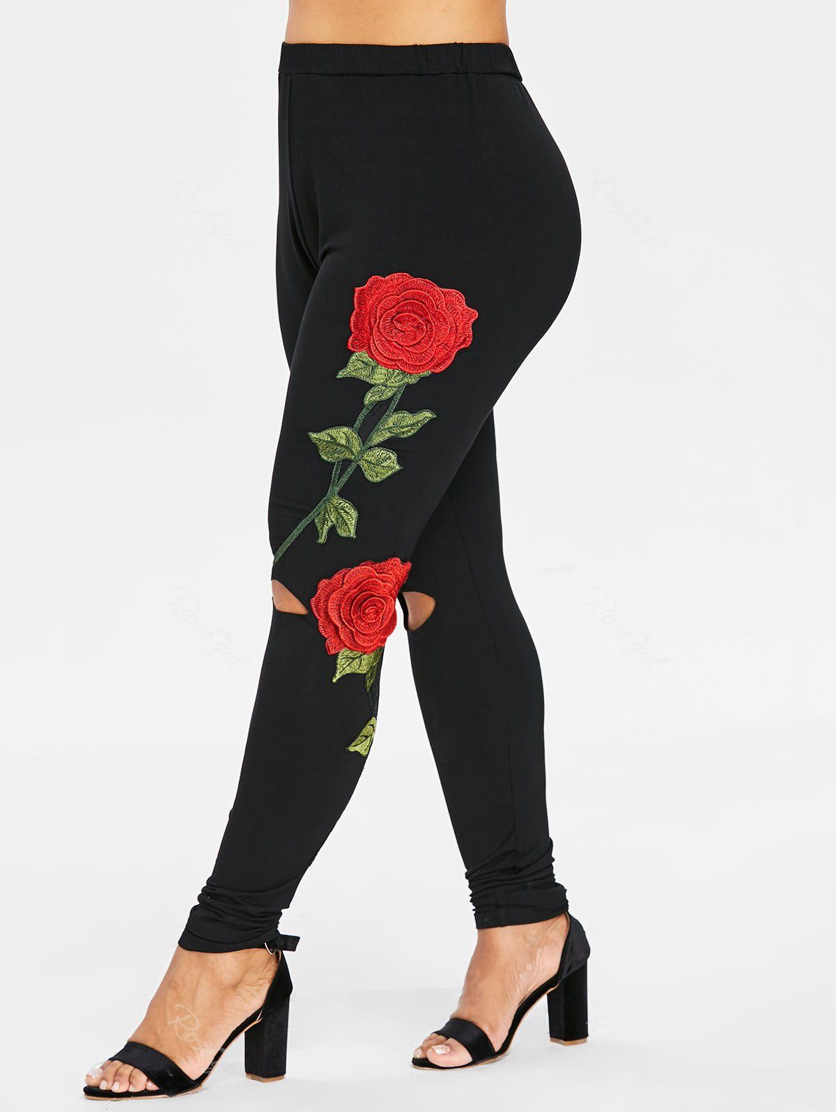 

Floral Embroidery Plus Size Cut Out Leggings, Black