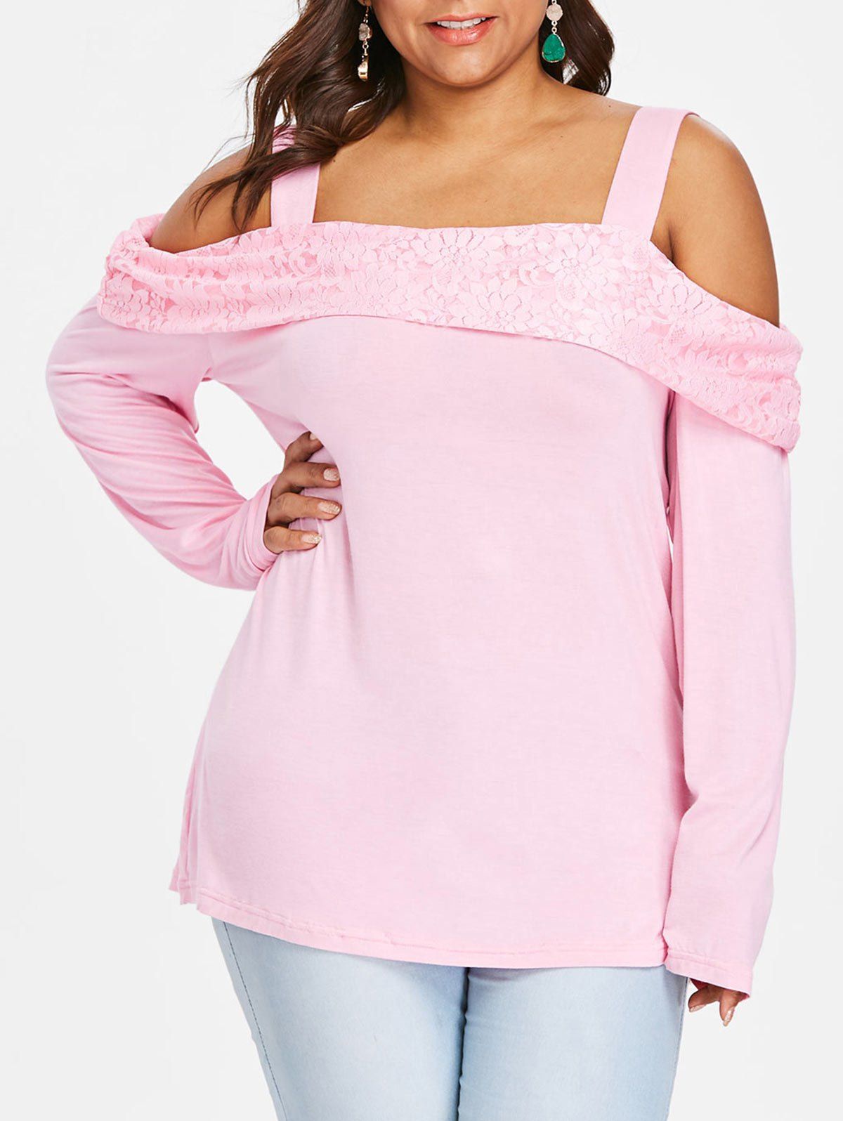 

Plus Size Cold Shoulder Foldover Lace Top, Pig pink