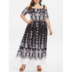 

Cold Shoulder Plus Size Ethnic Print Maxi Dress, Black