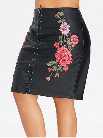 

Plus Size Embroidery Zip Up PU Leather Skirt, Black
