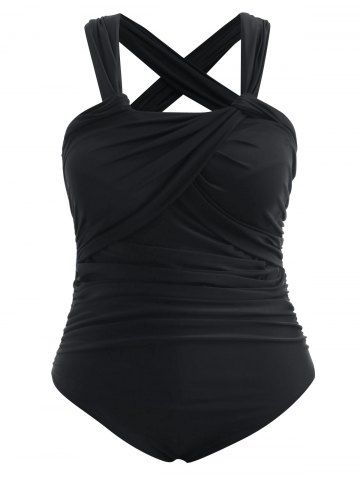 

Back Criss Cross Plus Size Ruched Swimwear, Black