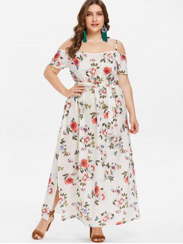 

Plus Size Floral Slit Belted Dress, White