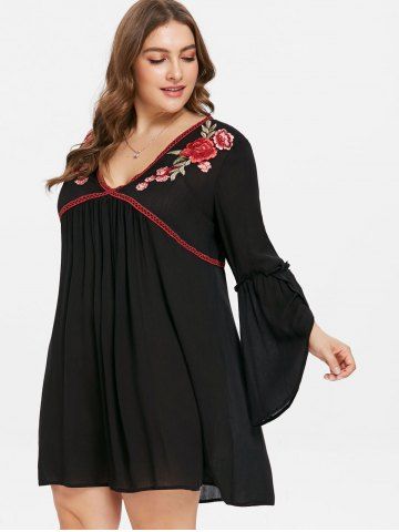 

Plus Size Flare Sleeve Embroidered Mini Dress, Black