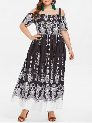 Cold Shoulder Plus Size Ethnic Print Maxi Dress