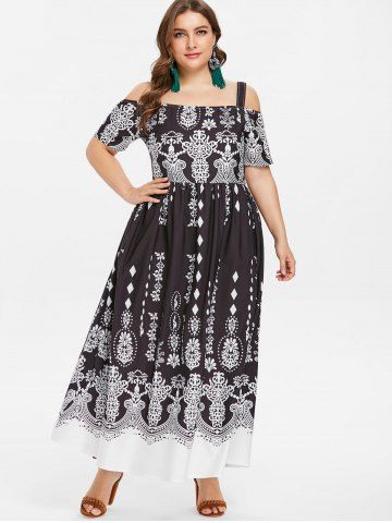 Cold Shoulder Plus Size Ethnic Print Maxi Dress