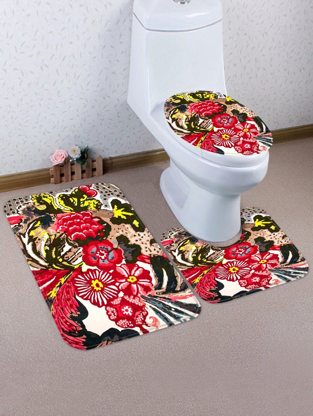 

Flower Pattern 3 Pcs Bath Mat Toilet Mat, Red