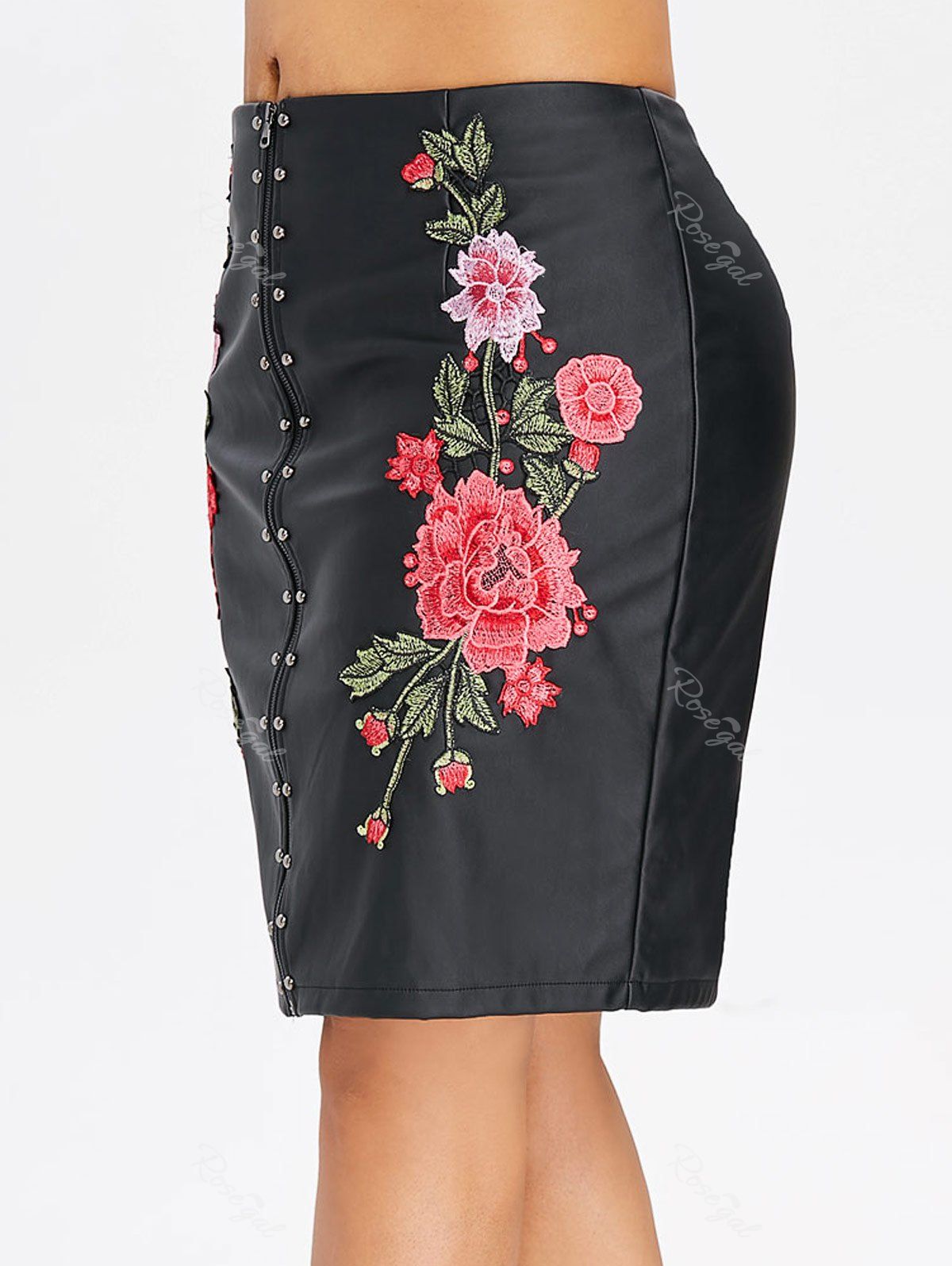 

Plus Size Embroidery Zip Up PU Leather Skirt, Black