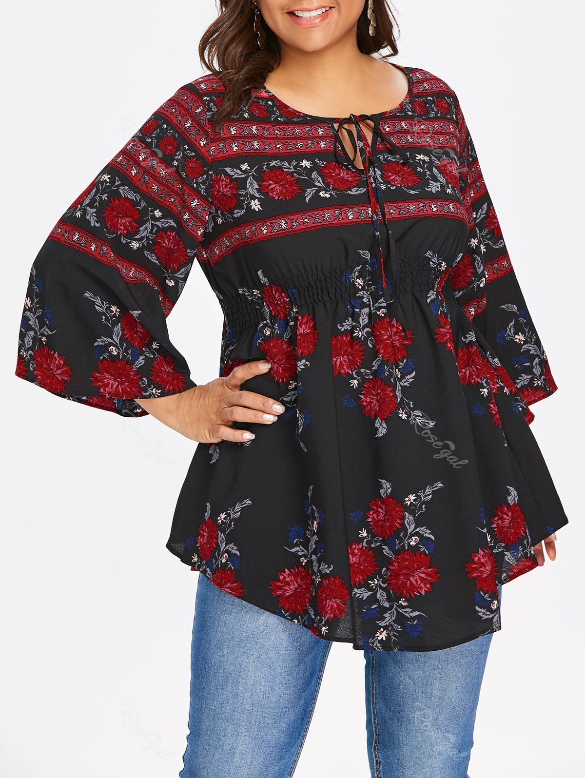 

Plus Size Floral Smocked Waist Blouse, Black