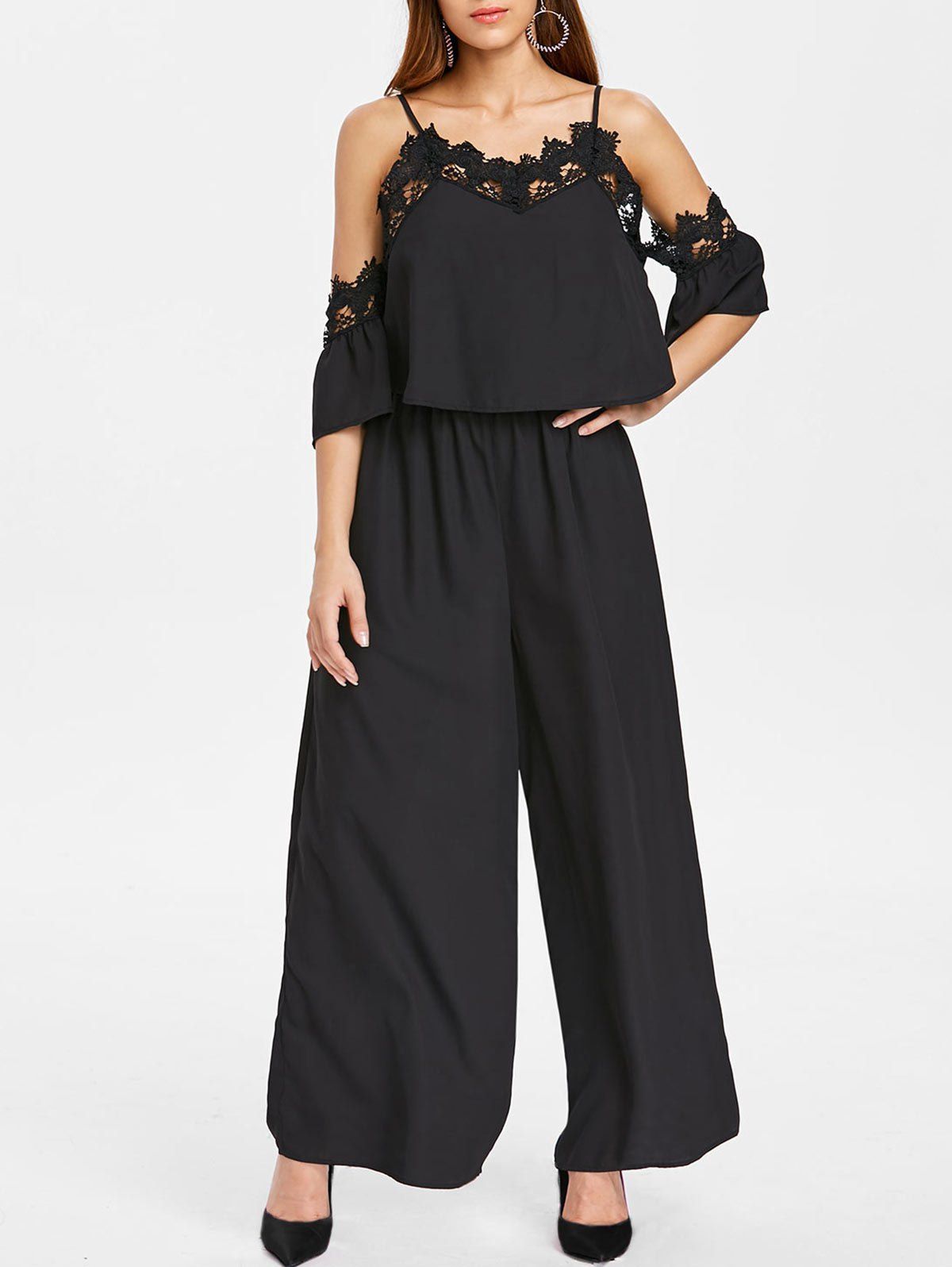 

Spaghetti Strap Cold Shoulder Lace Insert Jumpsuit, Black