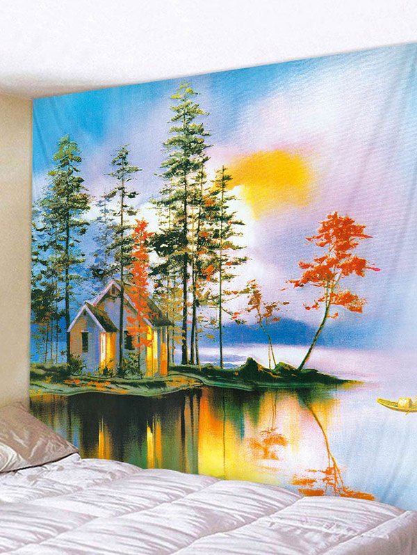 

Wall Hanging Art Lakeside House Print Tapestry, Multi