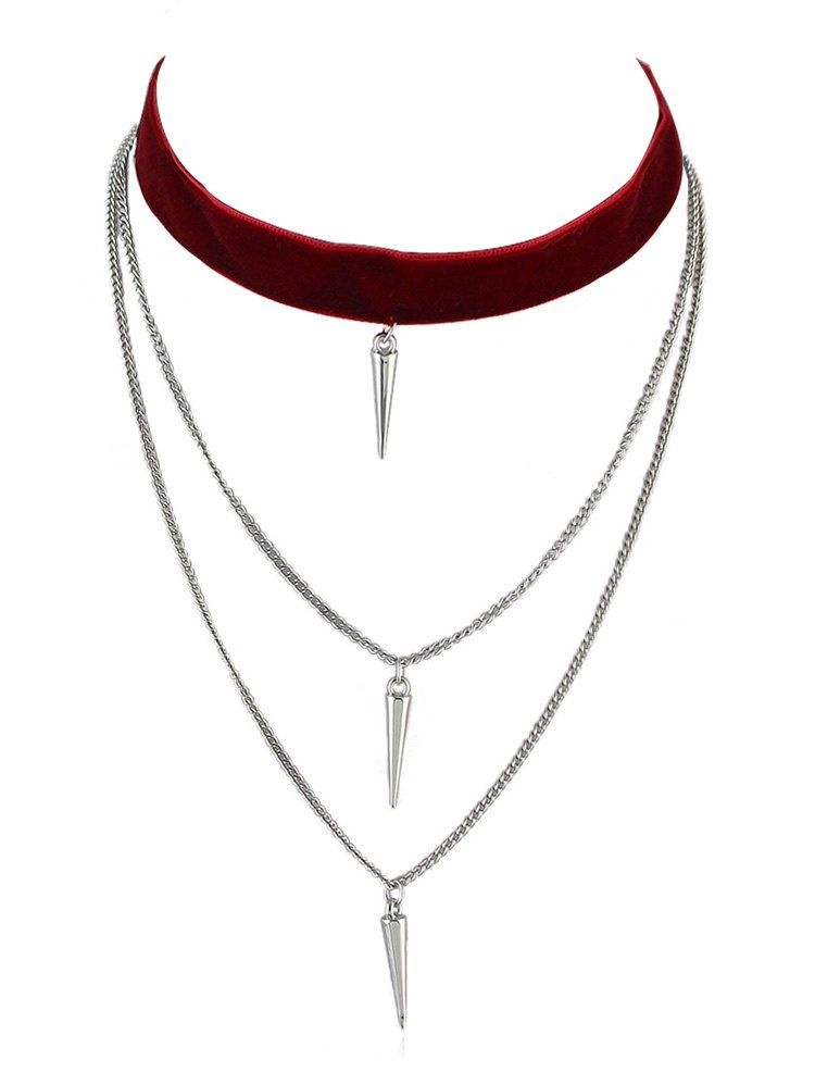 

Layered Rivet Velvet Choker Necklace, Red