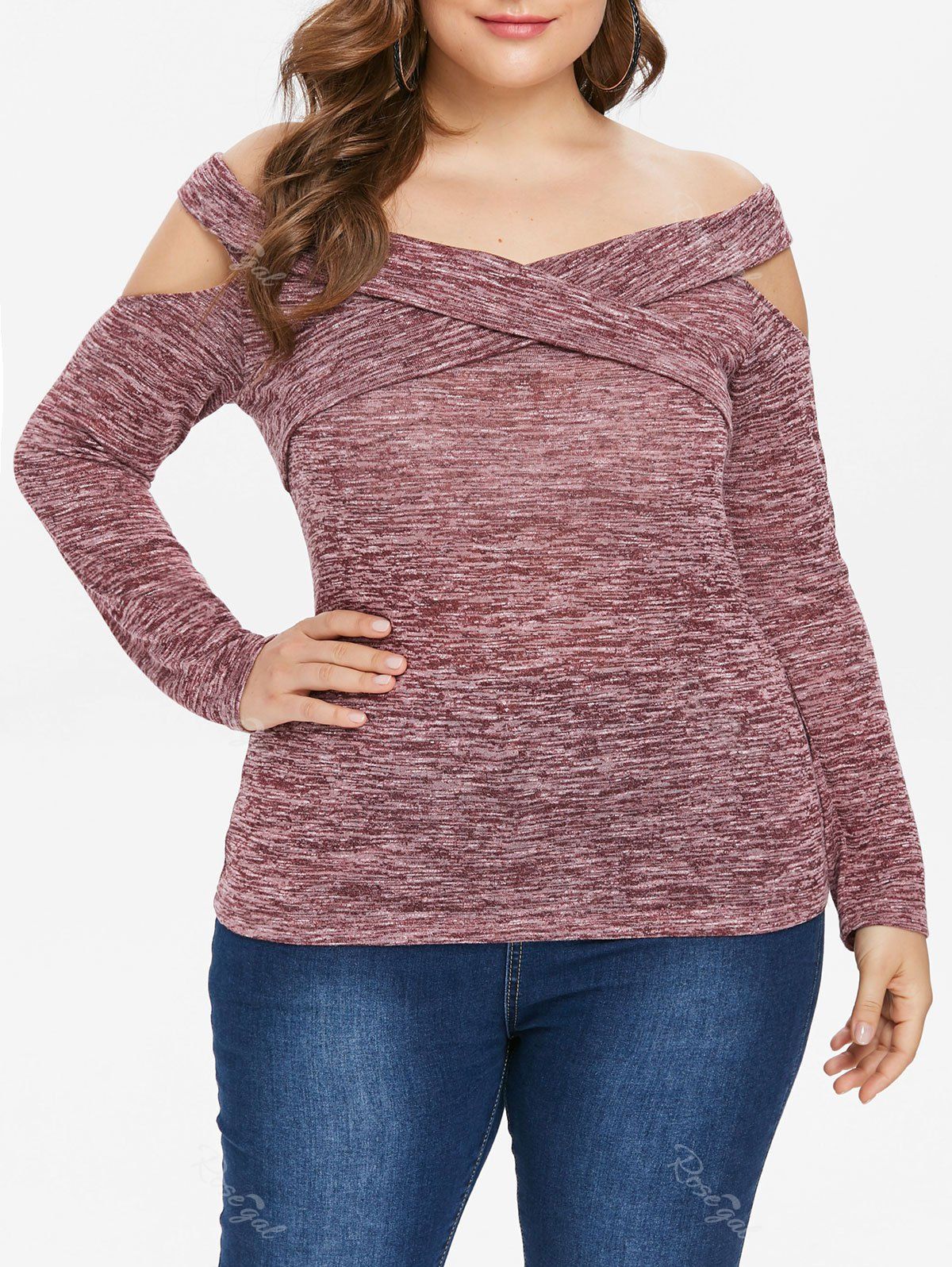 

Plus Size Twist Front Off The Shoulder T-shirt, Lipstick pink