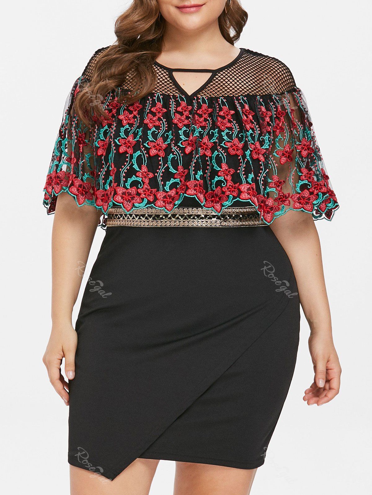 

Plus Size Fishnet Trim Embroidery Capelet Dress, Black