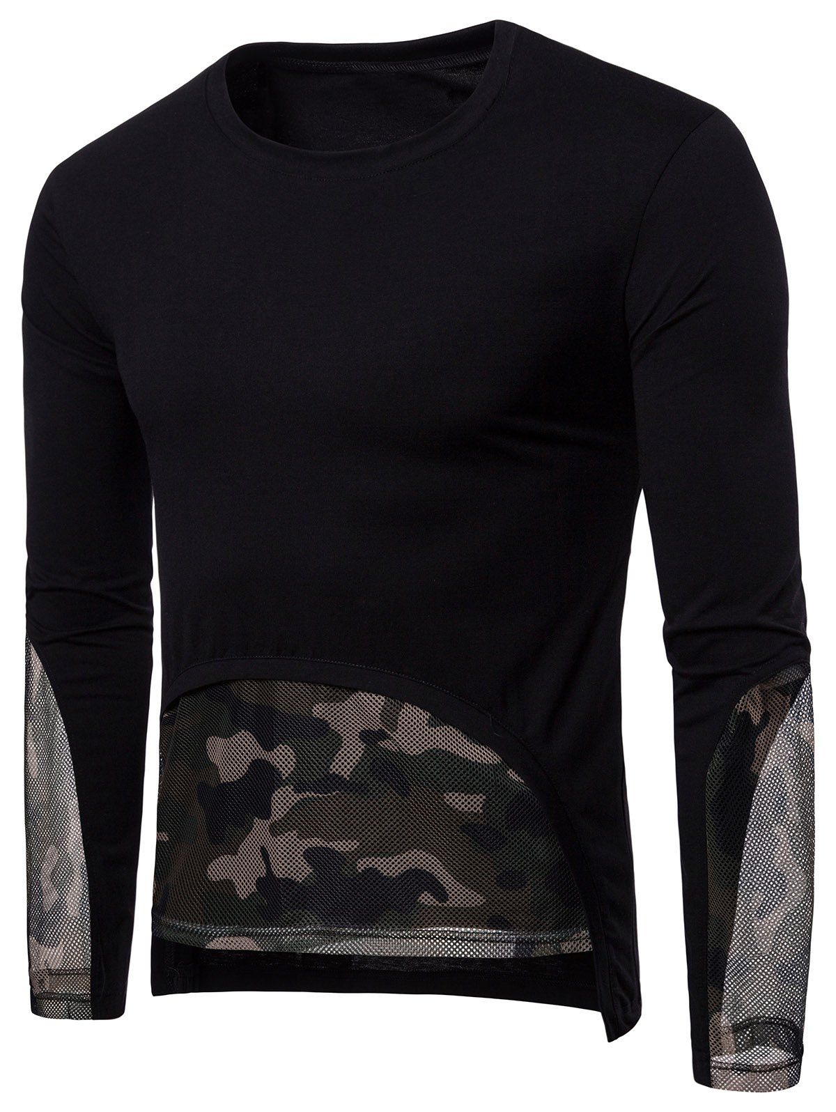 

Mesh Camouflage Hem Patchwork Low High T-shirt, Black
