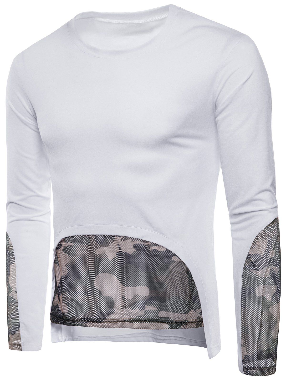 T-shirt Patchwork Camouflage en Maille à Ourlet Haut Bas Blanc 2XL