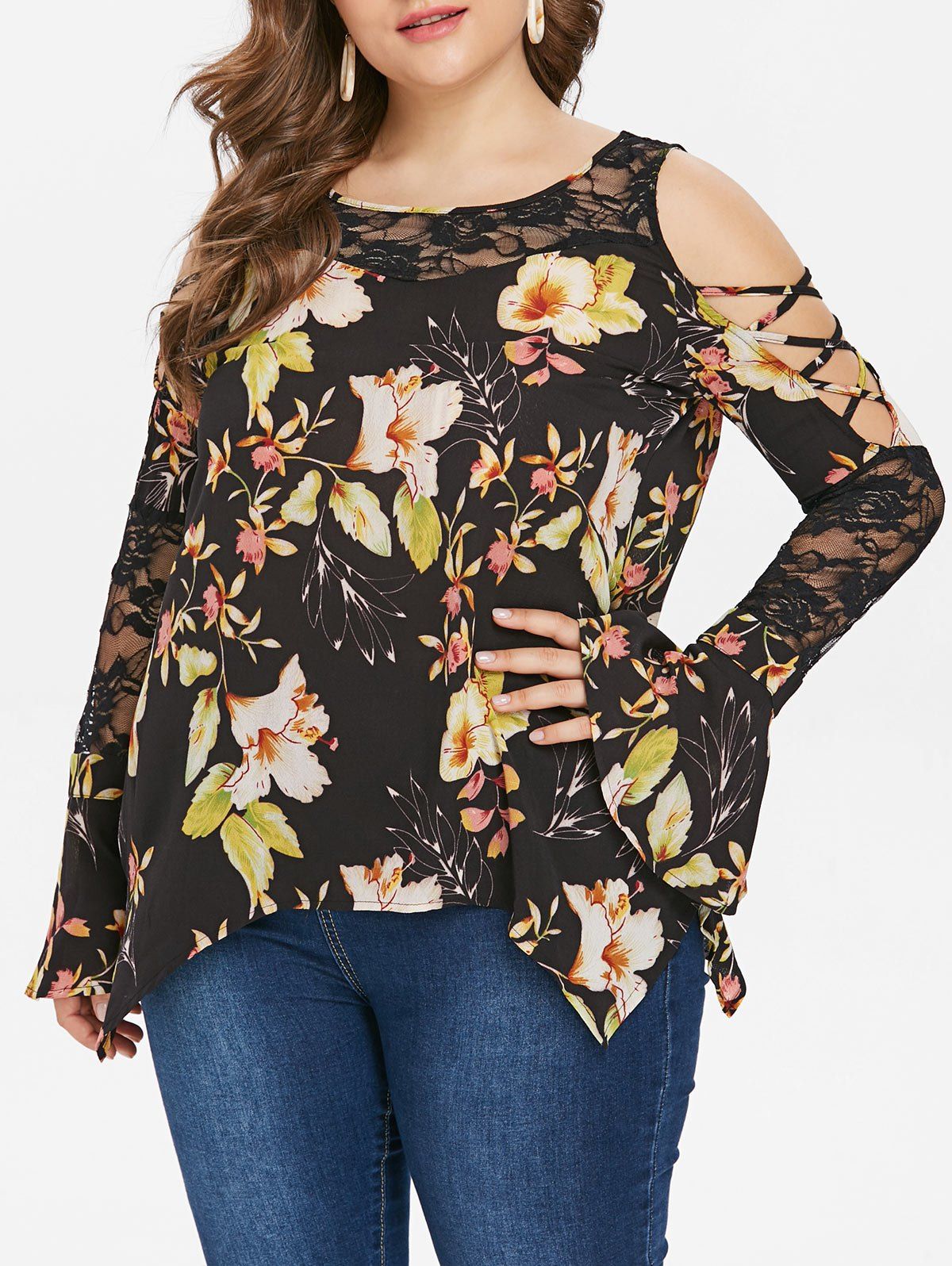 

Rosegal Flare Sleeve Plus Size Floral Print T-shirt, Black