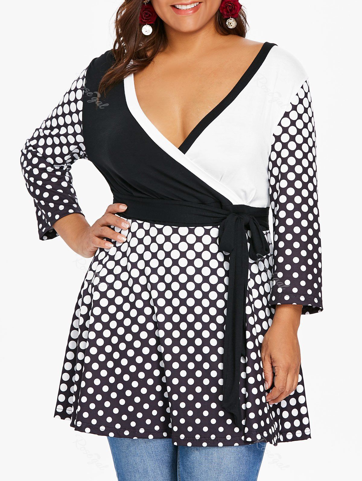 

Plus Size Polka Dot Deep V Neck Surplice T-shirt, Black