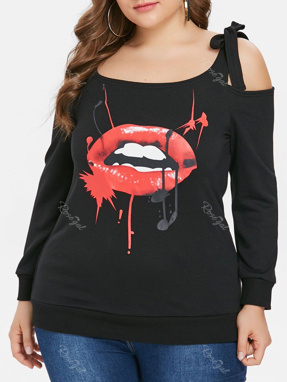 

Tie Shoulder Strap Plus Size Lip Pattern T-shirt, Black