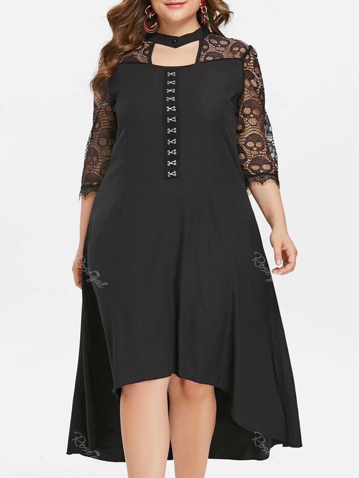 

Front Cut Out Skull Lace Insert Plus Size Dress, Black