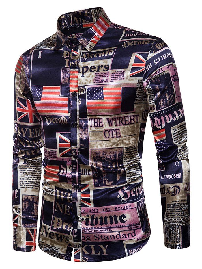 

Newspaper Flag Print Long Sleeve Shirt, Multi