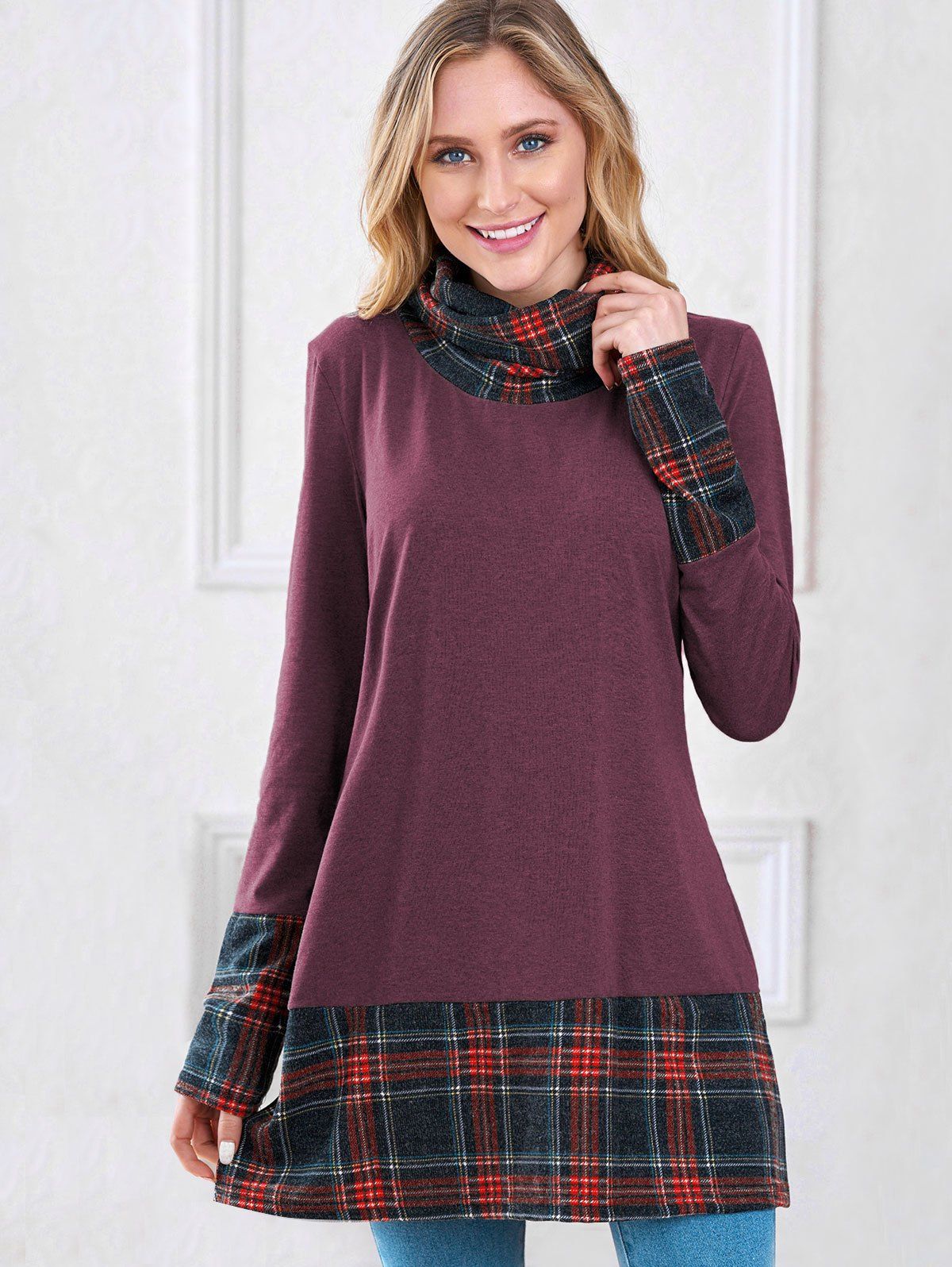 

Plaid Insert Turtleneck Sweatshirt, Purple