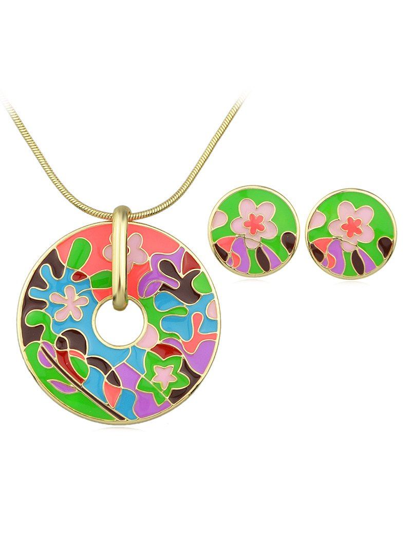 

Flower Print Round Shaped Necklace Earrings Set, Multi-c