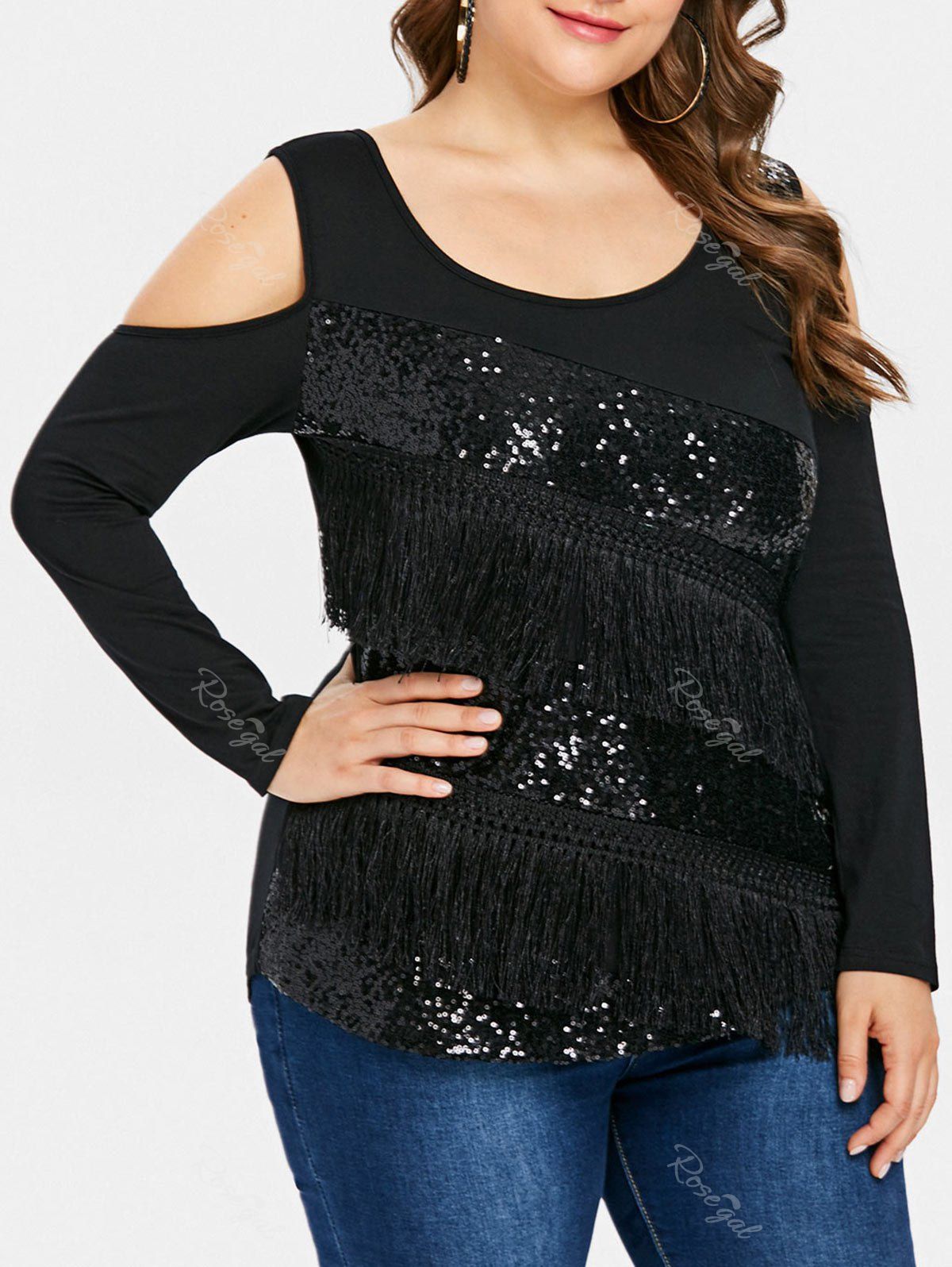 

Sequin Embellished Plus Size Fringe T-shirt, Black