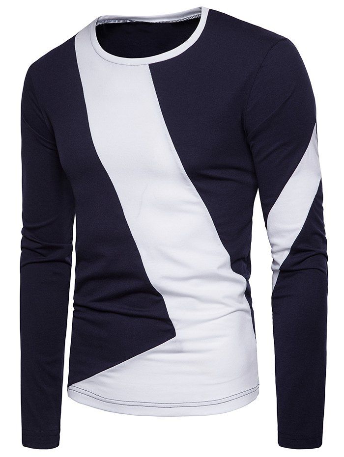 

Color Block L Shaped Patchwork Long Sleeve T-shirt, Cadetblue