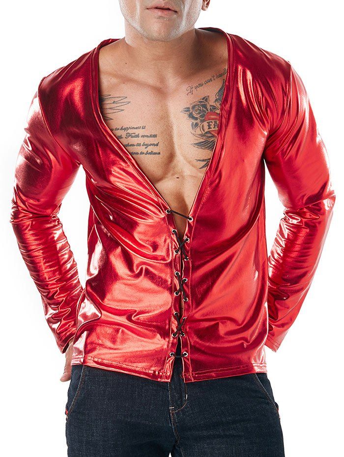 

Long Sleeve Metallic Shiny Criss Cross T-shirt, Chestnut red